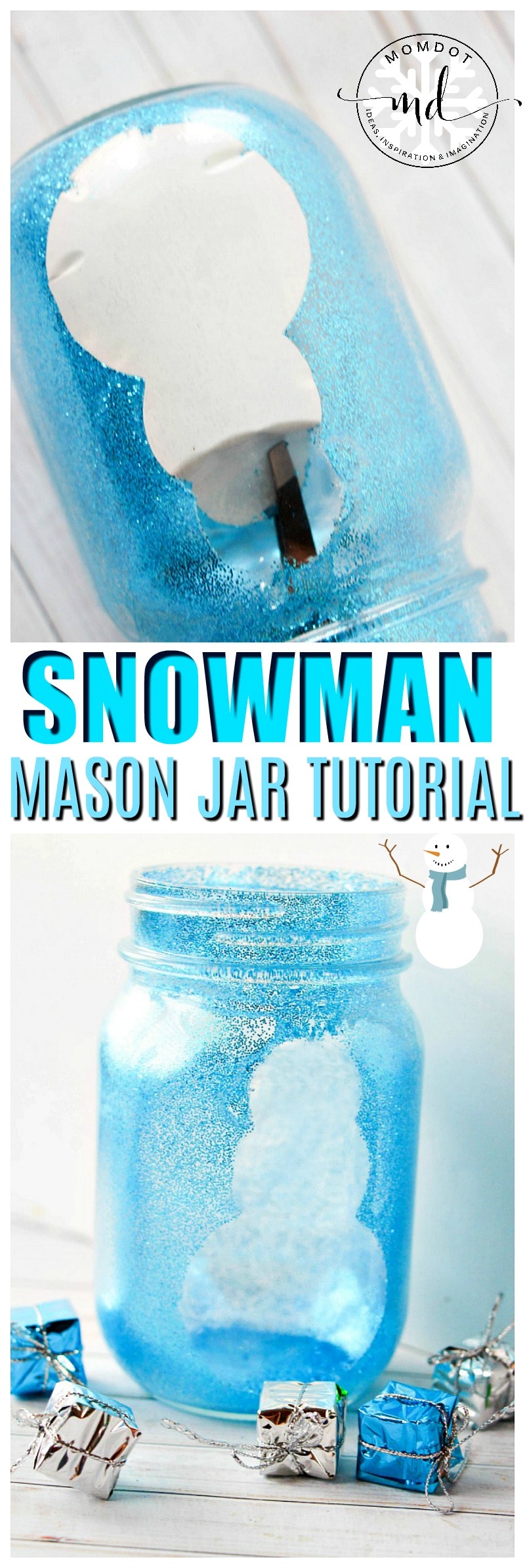 Snowman Mason Jar Crafts are a great way to liven up your table with gorgeous glittery mason jars that you personally made. Whether its one snowman jar or a whole blizzard full, you cannot go wrong with this tutorial on how to make a snowman mason jar. | Christmas Mason Jar Ideas