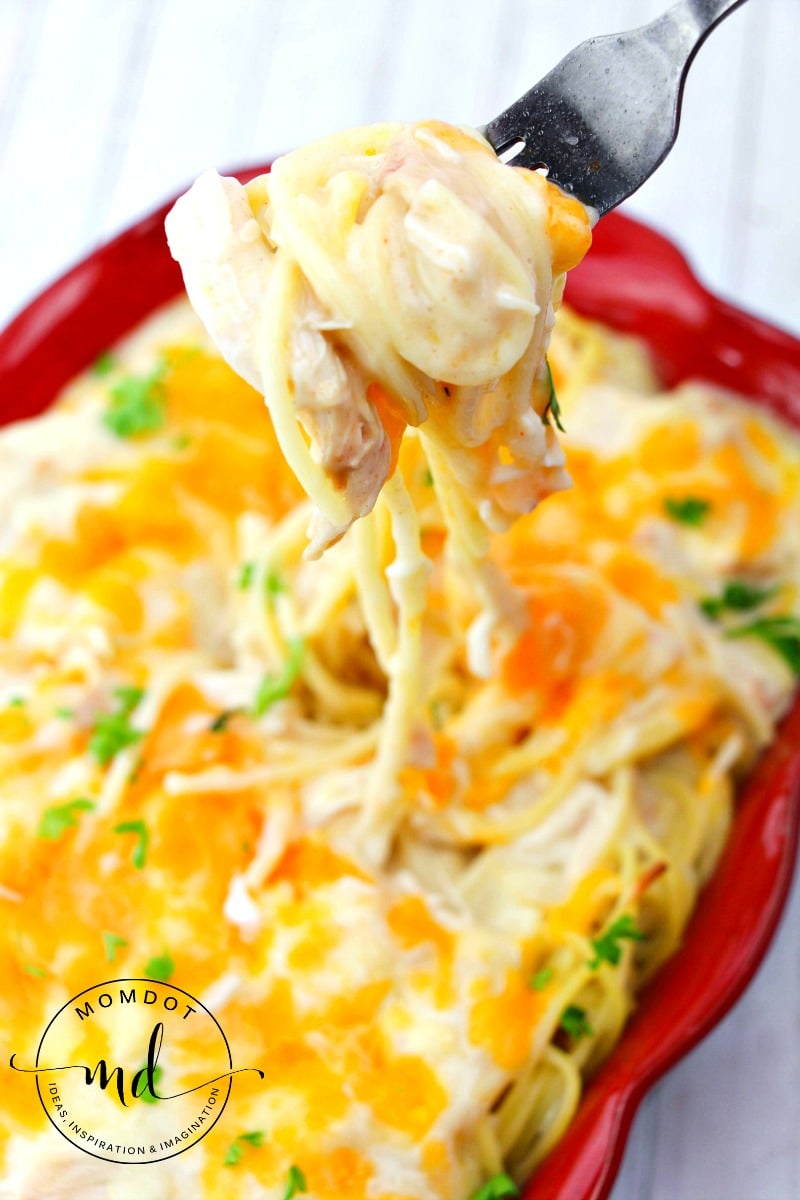 Cheesy Chicken Spaghetti Recipe on a fork to show the creamy, cheesy texture of this delicious dinner.