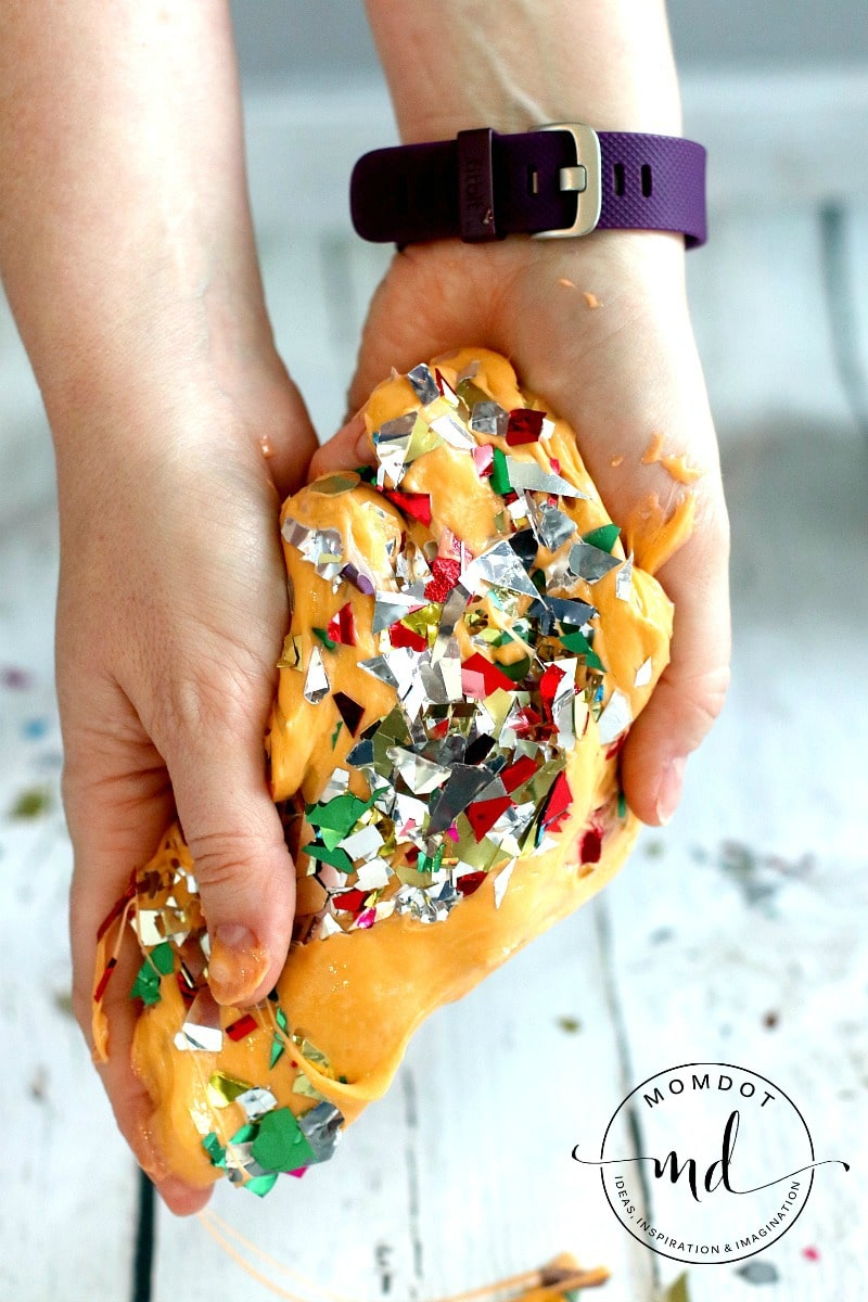 Confetti Slime, Homemade Slime recipe, sensory experiment perfect for birthday slime fun