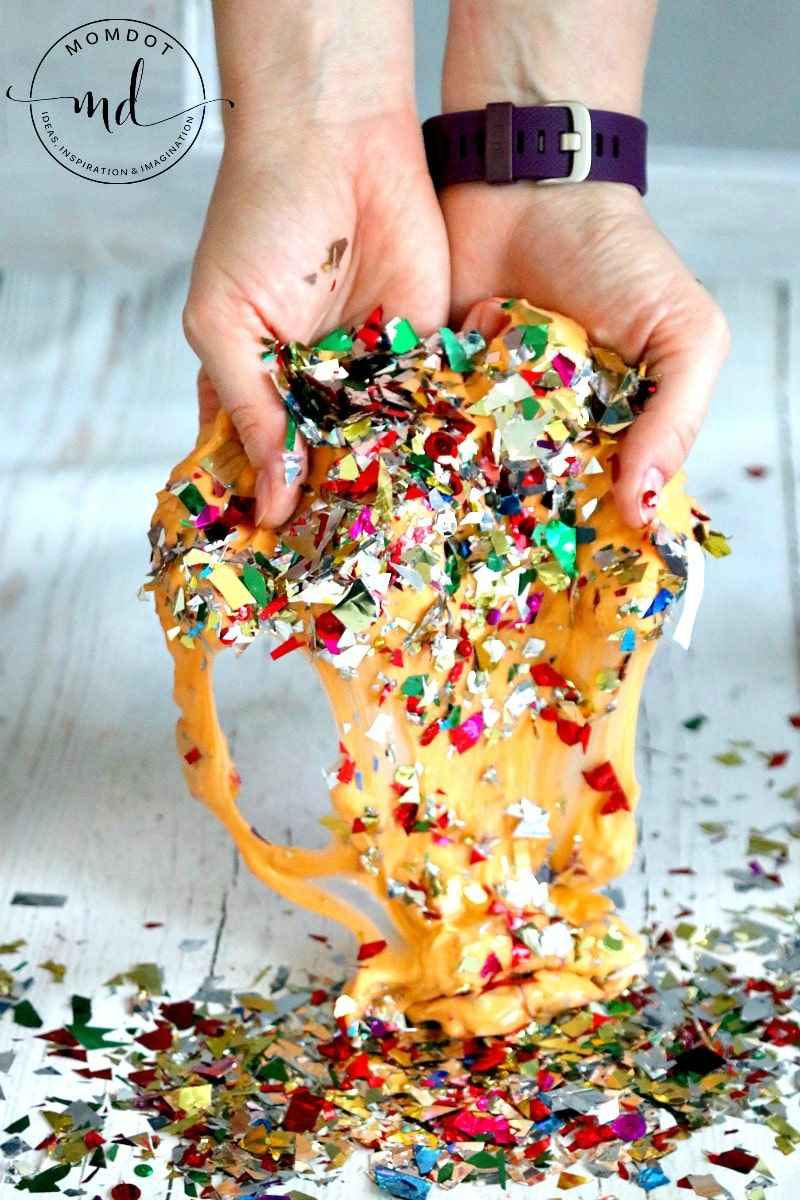 Confetti Slime, Homemade Slime recipe, sensory experiment perfect for birthday slime fun