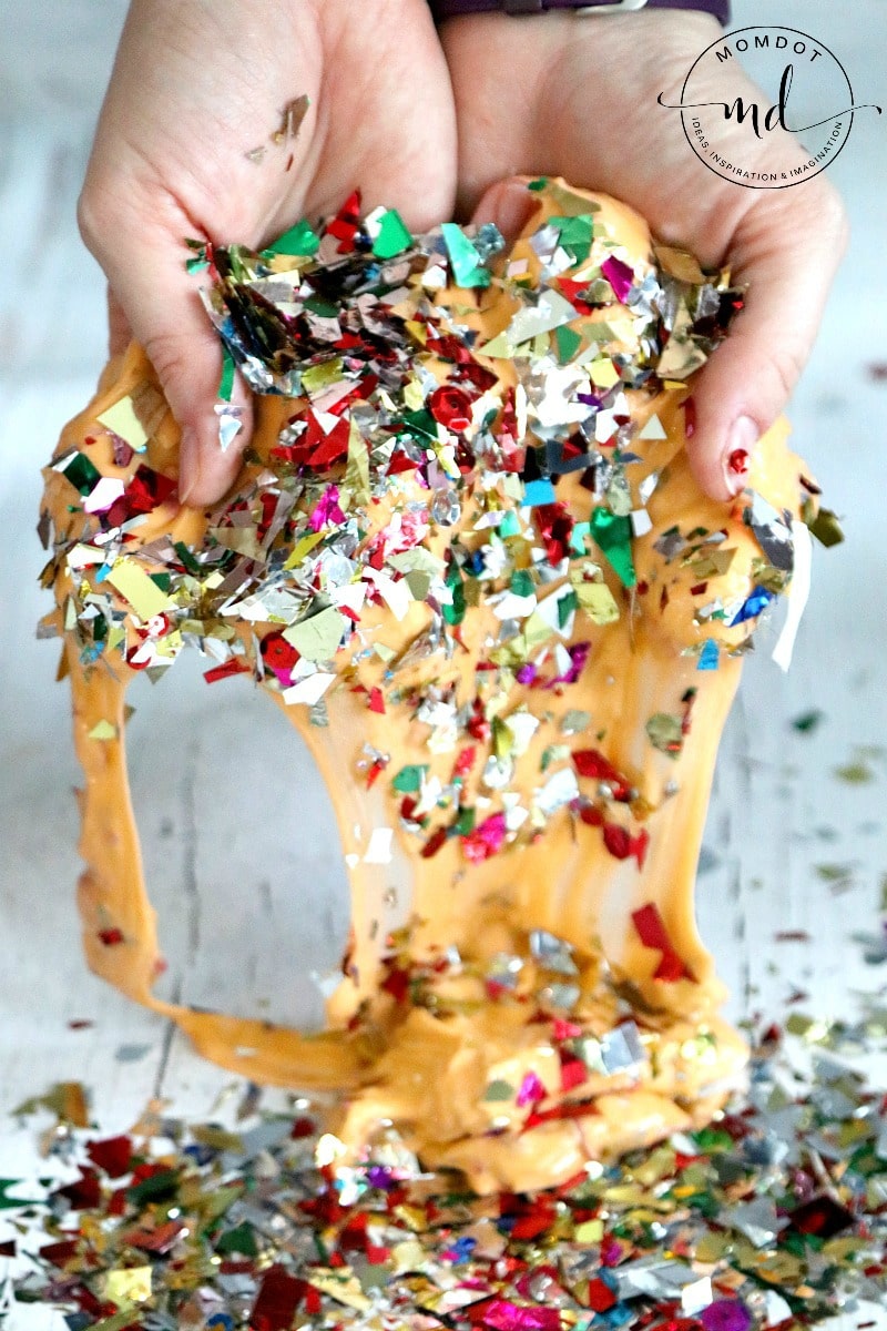 Confetti Slime, Homemade Slime recipe, sensory experiment perfect for birthday slime fun