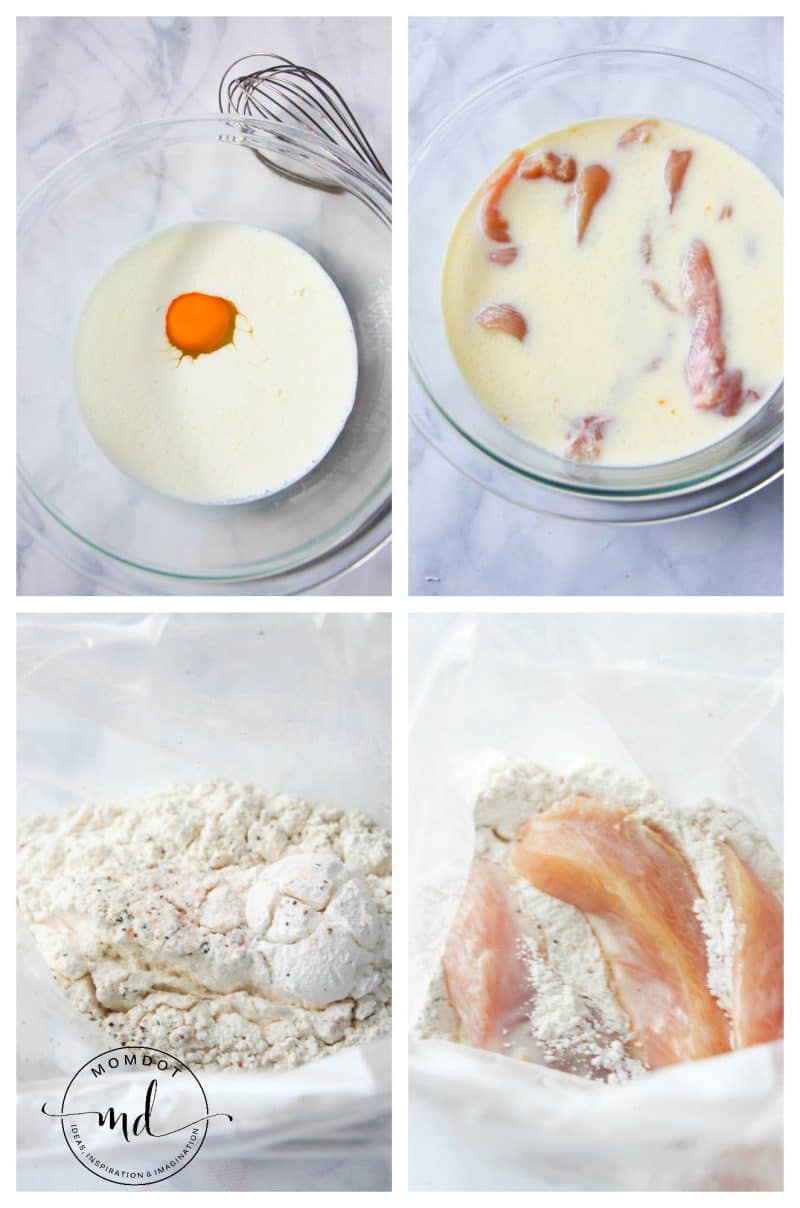Bowls with egg, dredge, and chicken showing steps to make Chick-fil-A chicken tenders copycat recipe at home