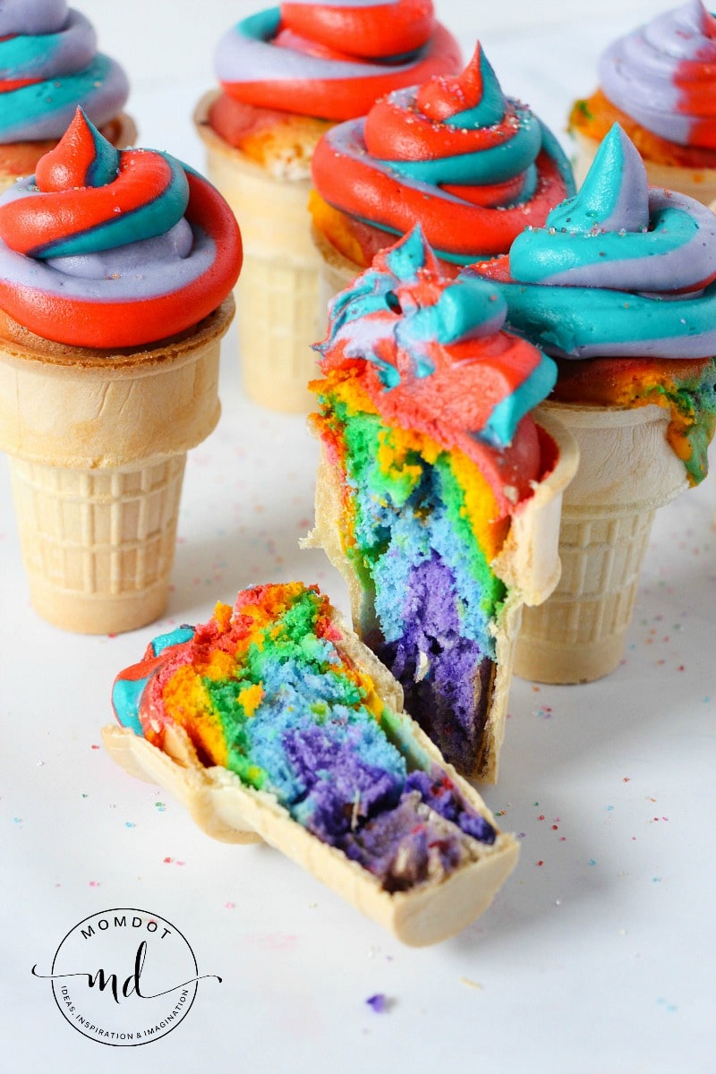 Rainbow Swirl Cupcake Cones with homemade Rainbow Swirl Frosting, see the inside, WOW!