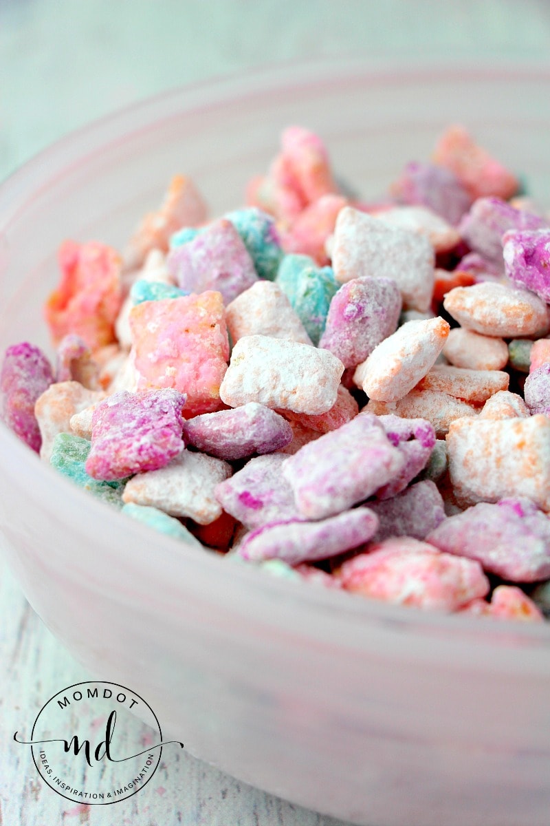 Finished Unicorn Poop Muddy Buddies multicolored sweet Chex snack