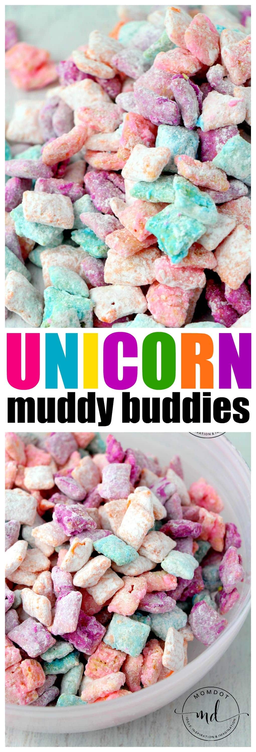 Unicorn Poop Muddy Buddies made with Chex cereal in bright rainbow colors