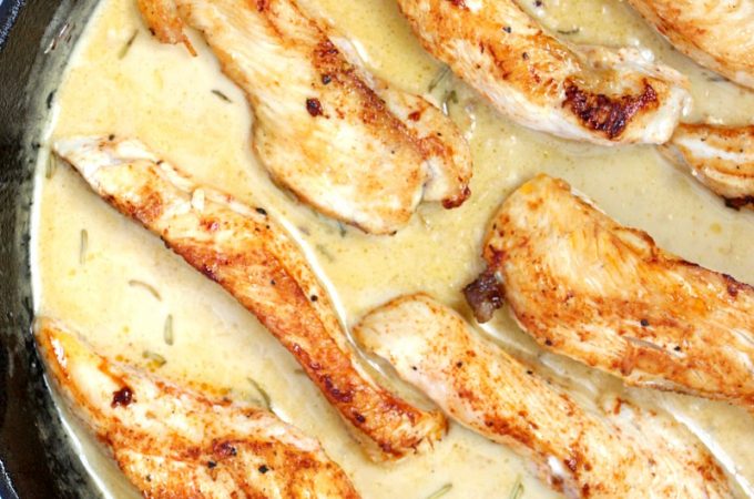 Lemon Butter Chicken Strips - skillet chicken with lemon butter garlic sauce, flavorful