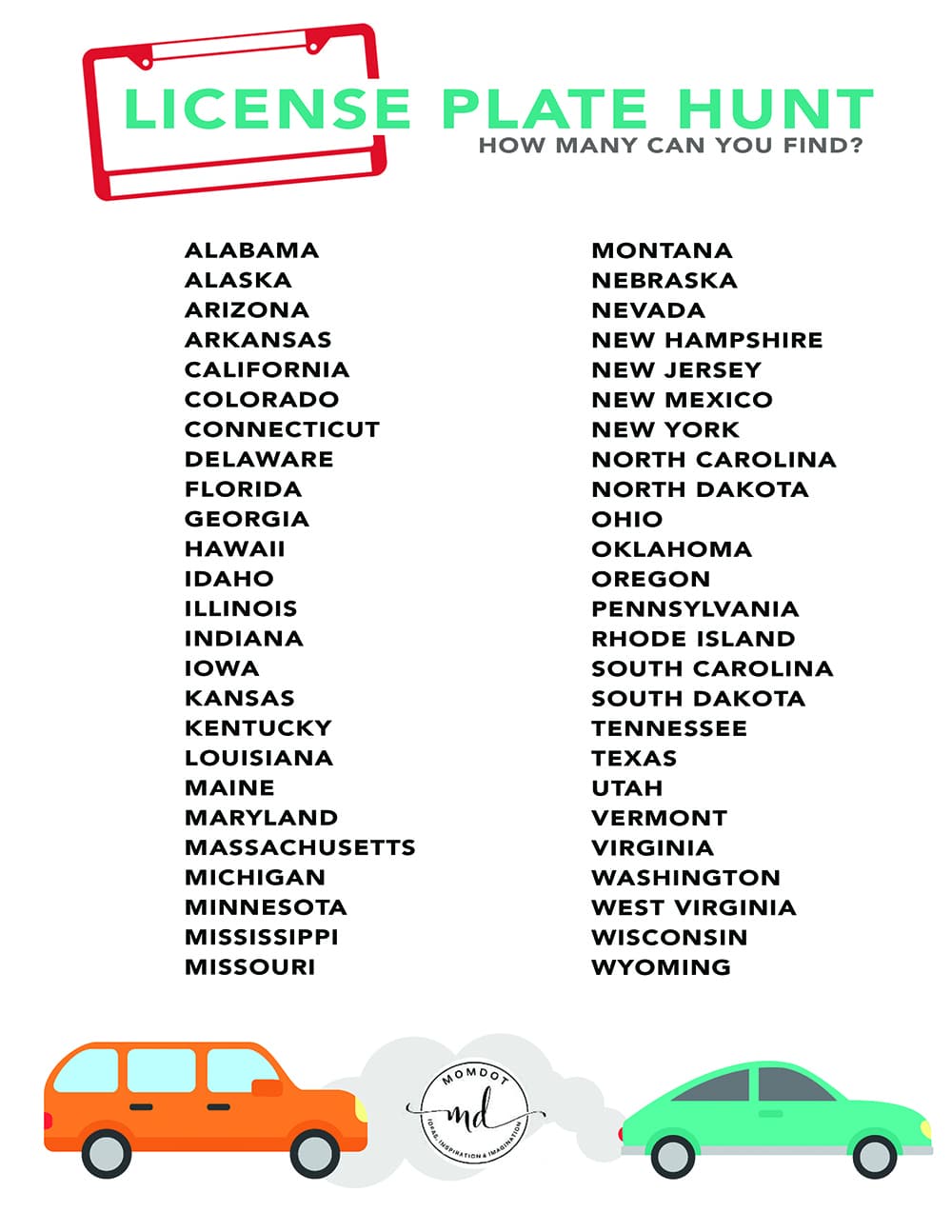 License Plate Game Printable For Road Trip Travel