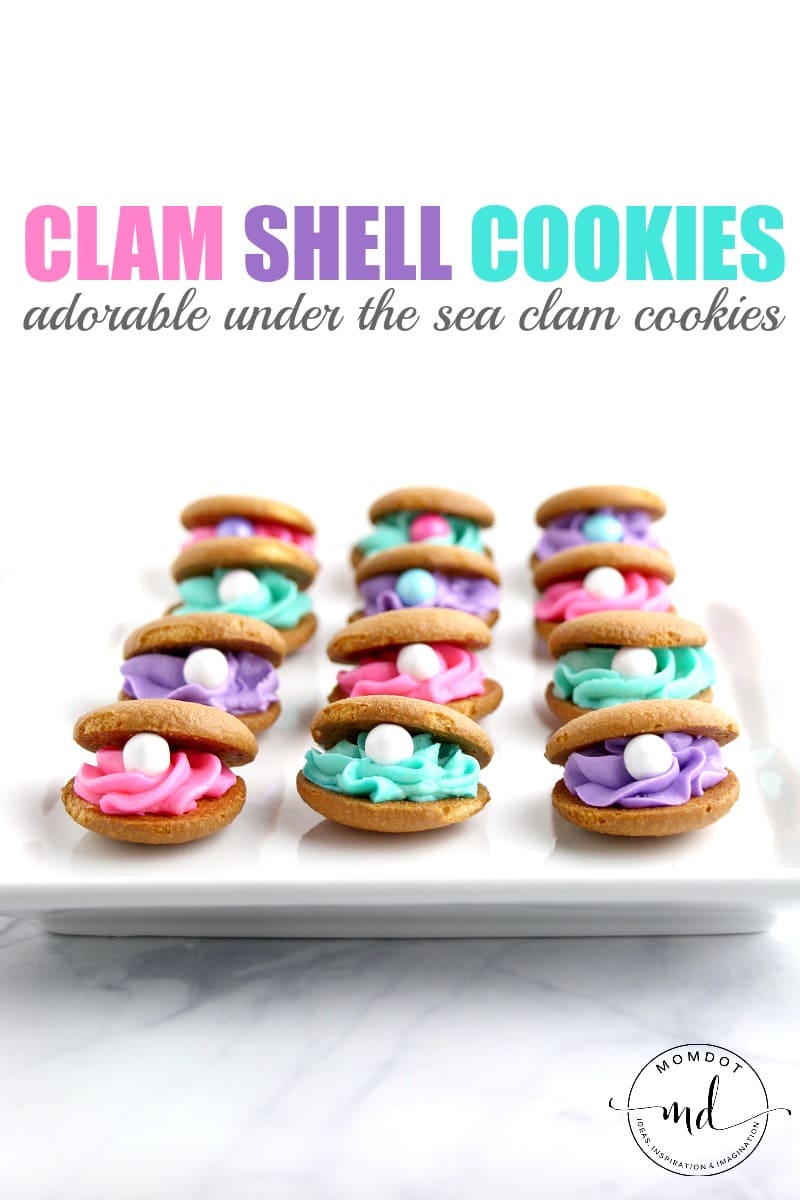 clam shell cookies made with buttercream frosting and Nilla wafers in mermaid colors