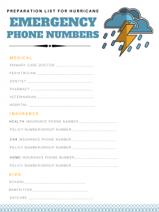 Hurricane Preparation List Guide & Checklist | Free Printable Hurricane Guide and Checklist | Emergency number printable