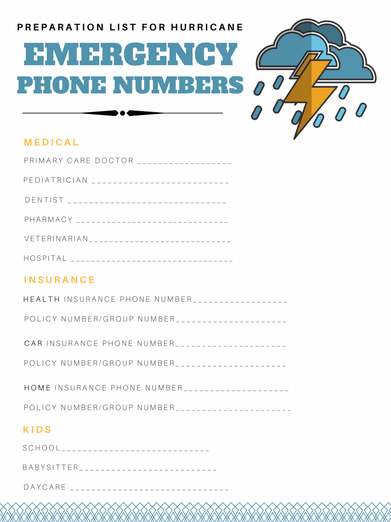 Hurricane Preparation List Guide & Checklist | Free Printable Hurricane Guide and Checklist | Emergency number printable