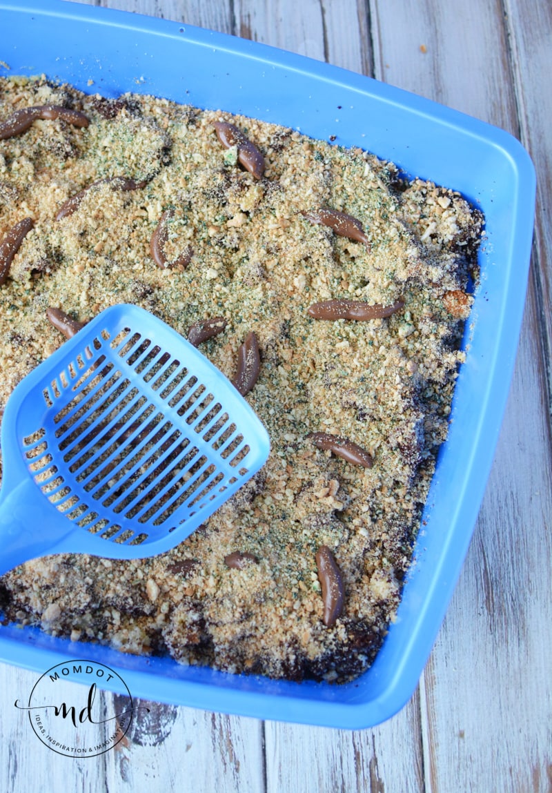 Serving the kitty litter cake with a clean and new kitty litter scooper.
