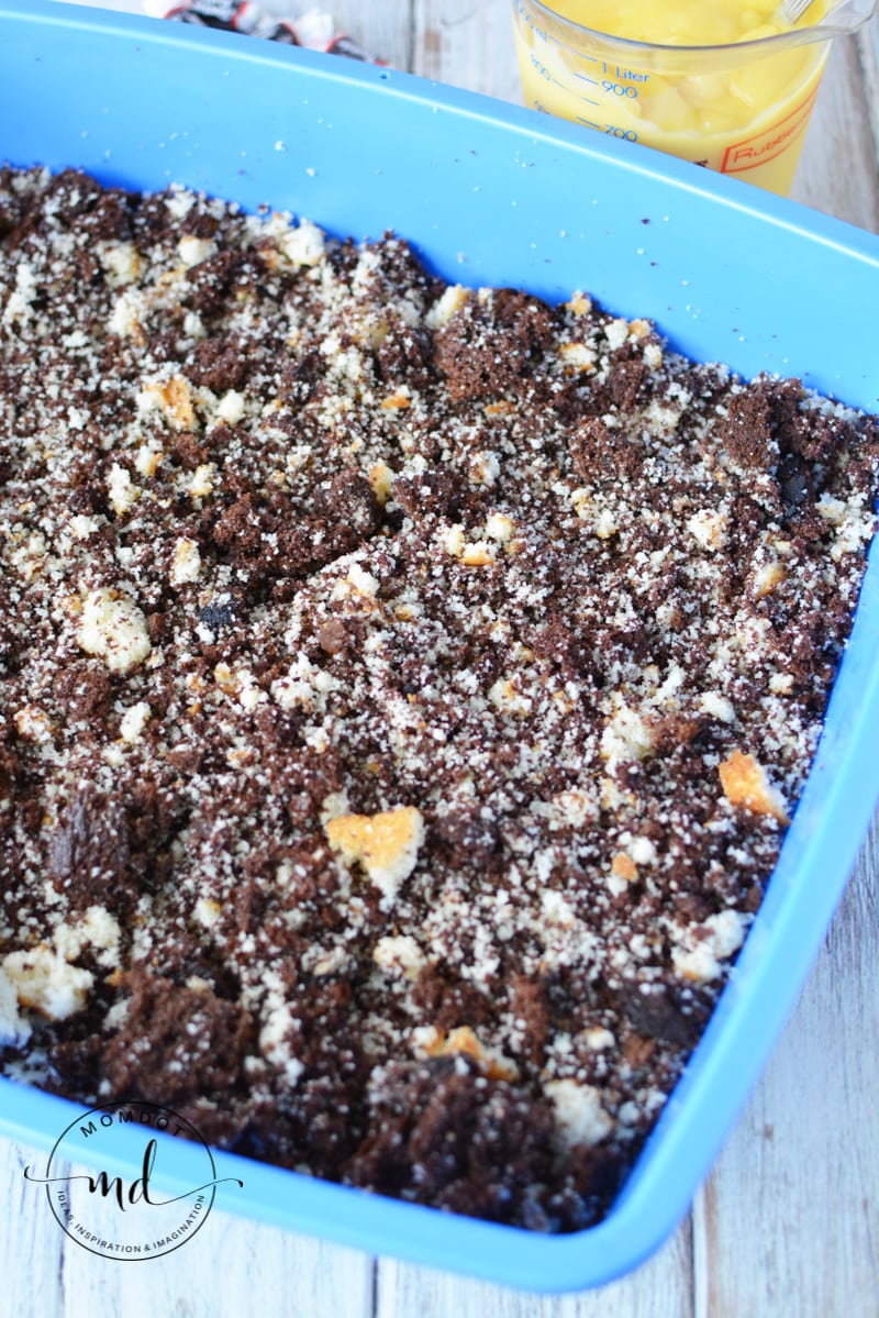 The chocolate and vanilla cake cubes are crumbled to make the litter base for the kitty litter cake.