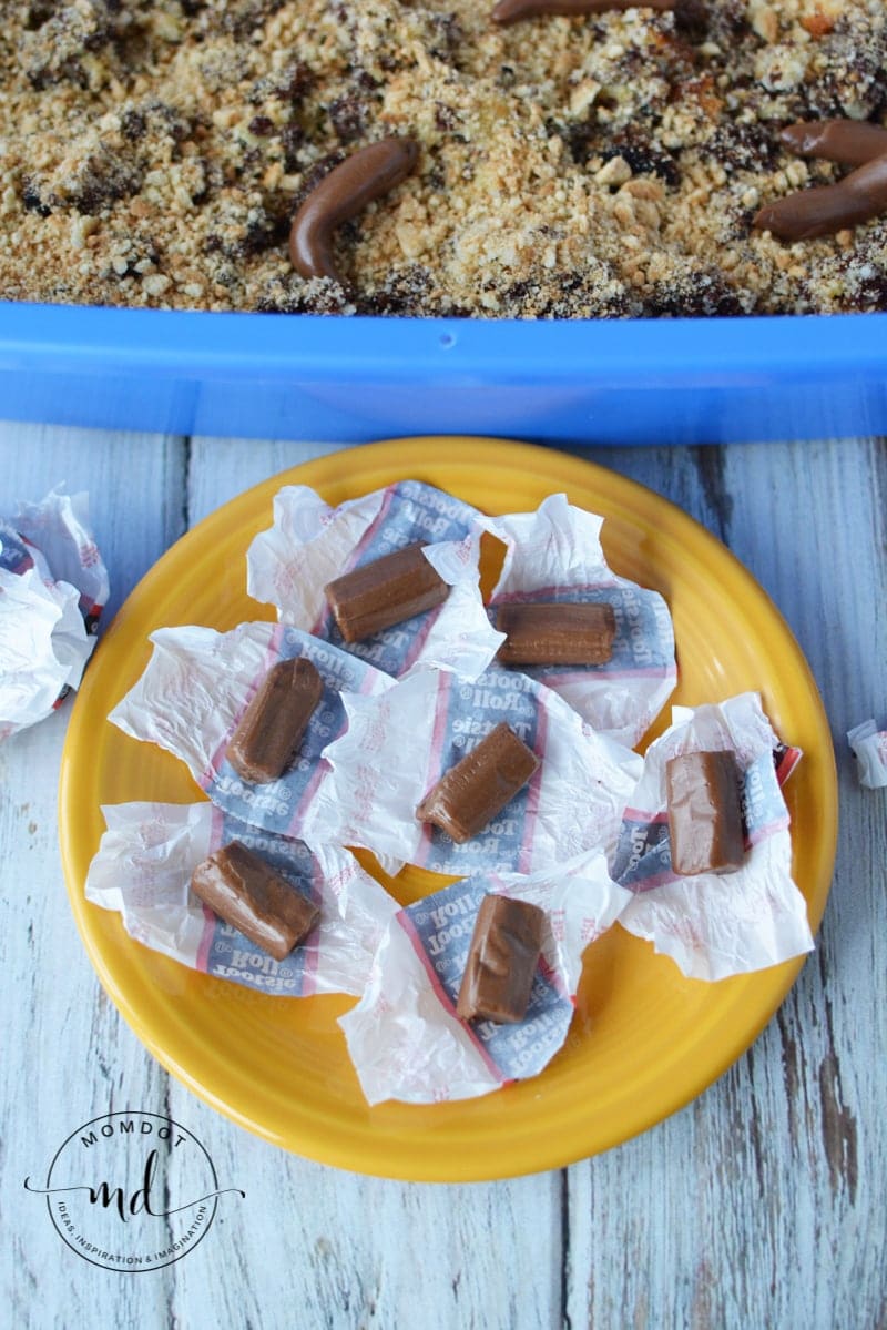 Unwrapped Tootsie Rolls on a plate. They'll be microwaved to make them soft so they can be shaped to look like cat poop in the cat litter cake.