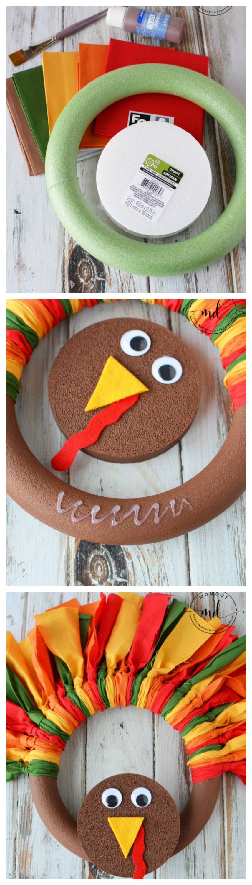 A DIY turkey wreath from start to finish made from fabric strips, foam wreath form, googly eyes, and felt.