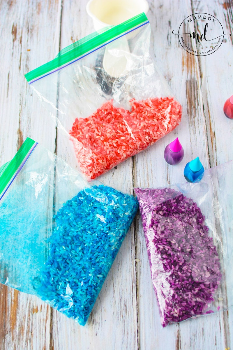 colored rice in baggies