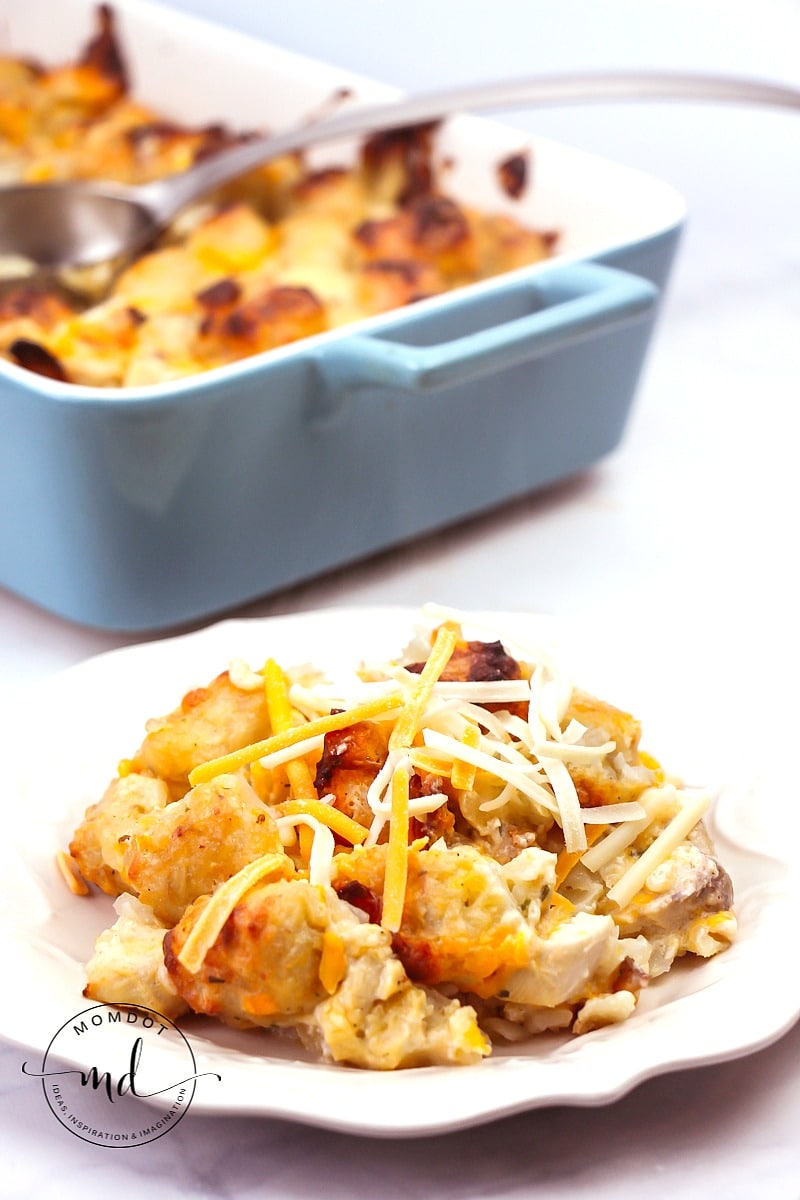 A plate with cheese tater tot casserole covered with a sprinkling of extra cheese.