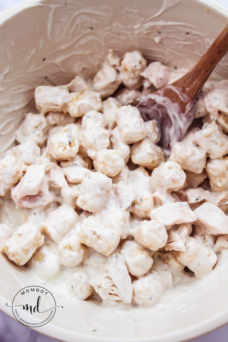 Frozen tater tots covered with a cream of chicken, ranch dressing, and sour cream mixture.