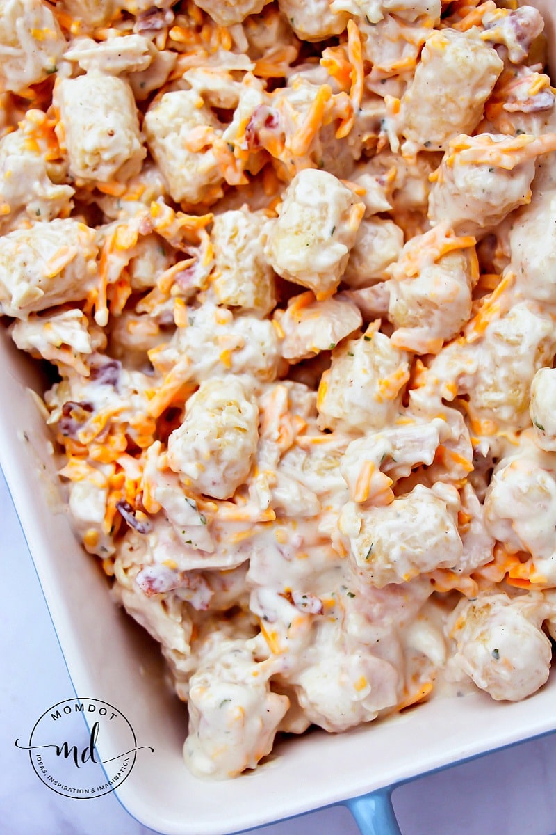 tater tot casserole with cheese, cream of chicken soup, and ranch dressing