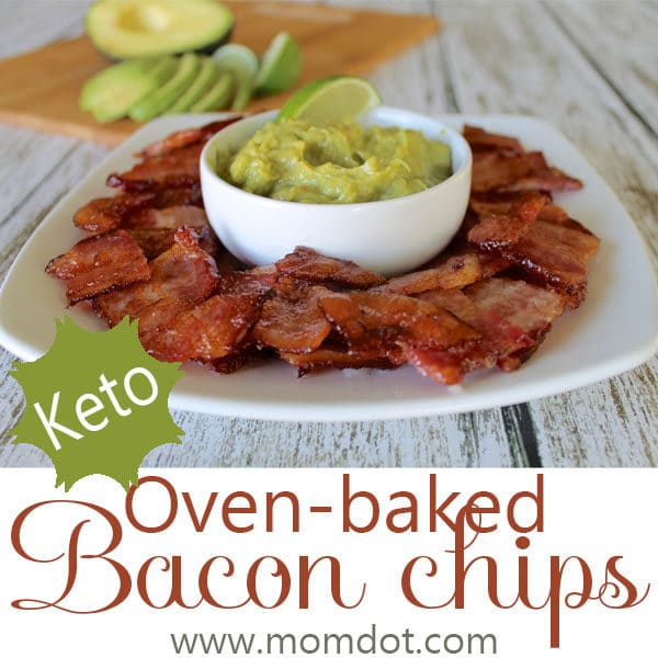 Keto bacon chips on a plate with a bowl of guacamole in the middle.