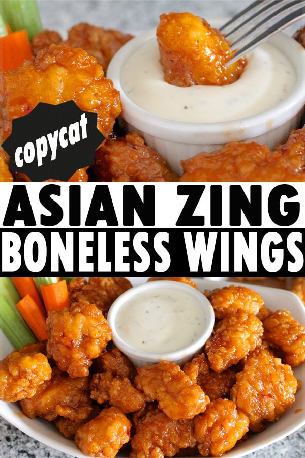 Asian Zing Boneless Wings copycat recipe graphic with a boneless wing on a fork dipped in ranch.