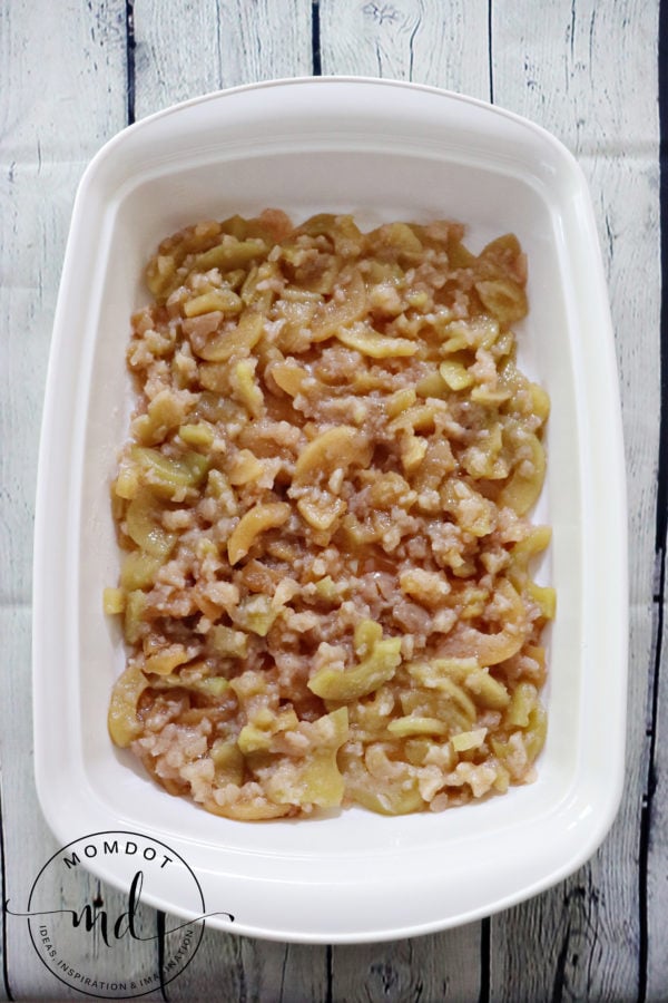Easy apple crisp made with pie filling and oats in a casserole, ready to go in the oven.