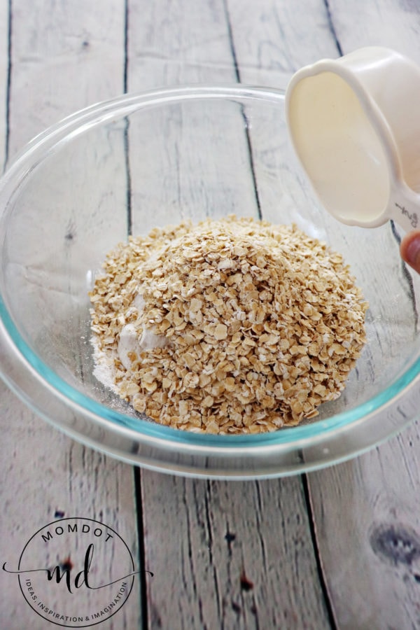 Oats, brown sugar, cinnamon, and flour in a bowl to be mixed together for apple crisp topping.