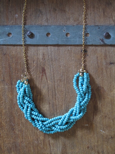 A braided bead necklace that's been made as a homemade Christmas gift for mom.