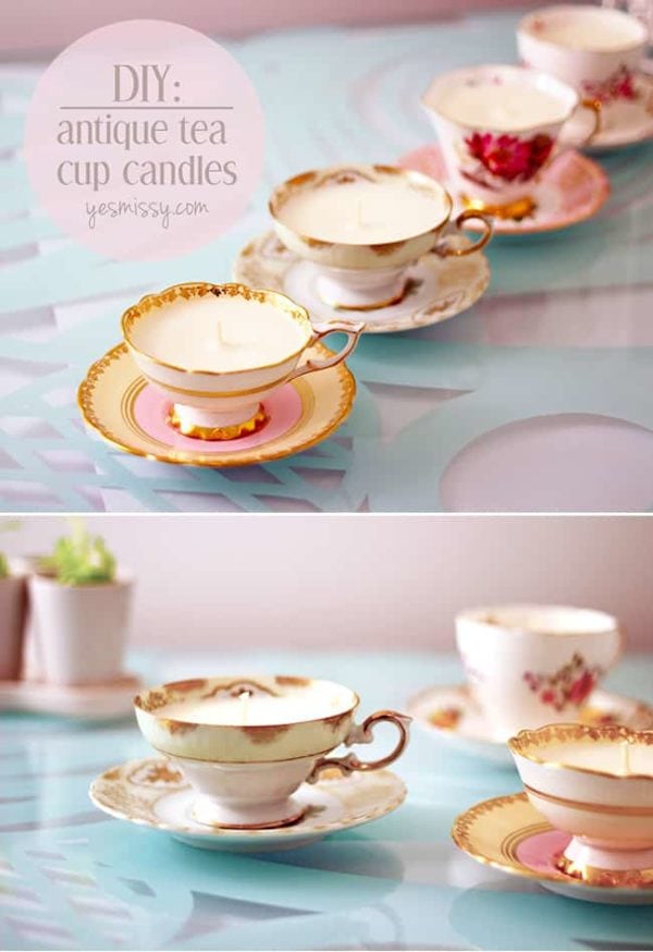 Antique or antique-style teacups and saucers made into tea cup candles as a DIY birthday gift for mom.
