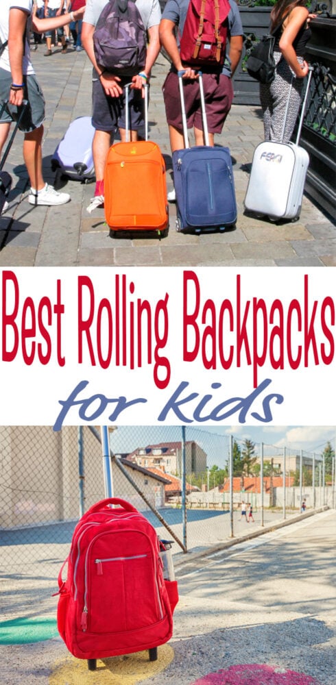 Kids lined up outside a bus with rolling backpacks for kids.