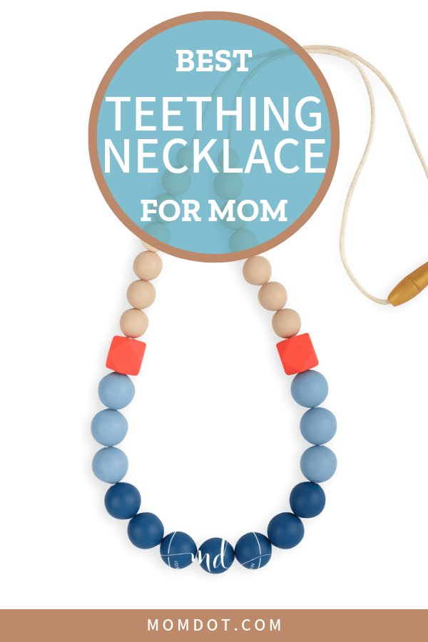 A blue, orange, and brown teething necklace for mom to wear to soothe baby's sore gums.